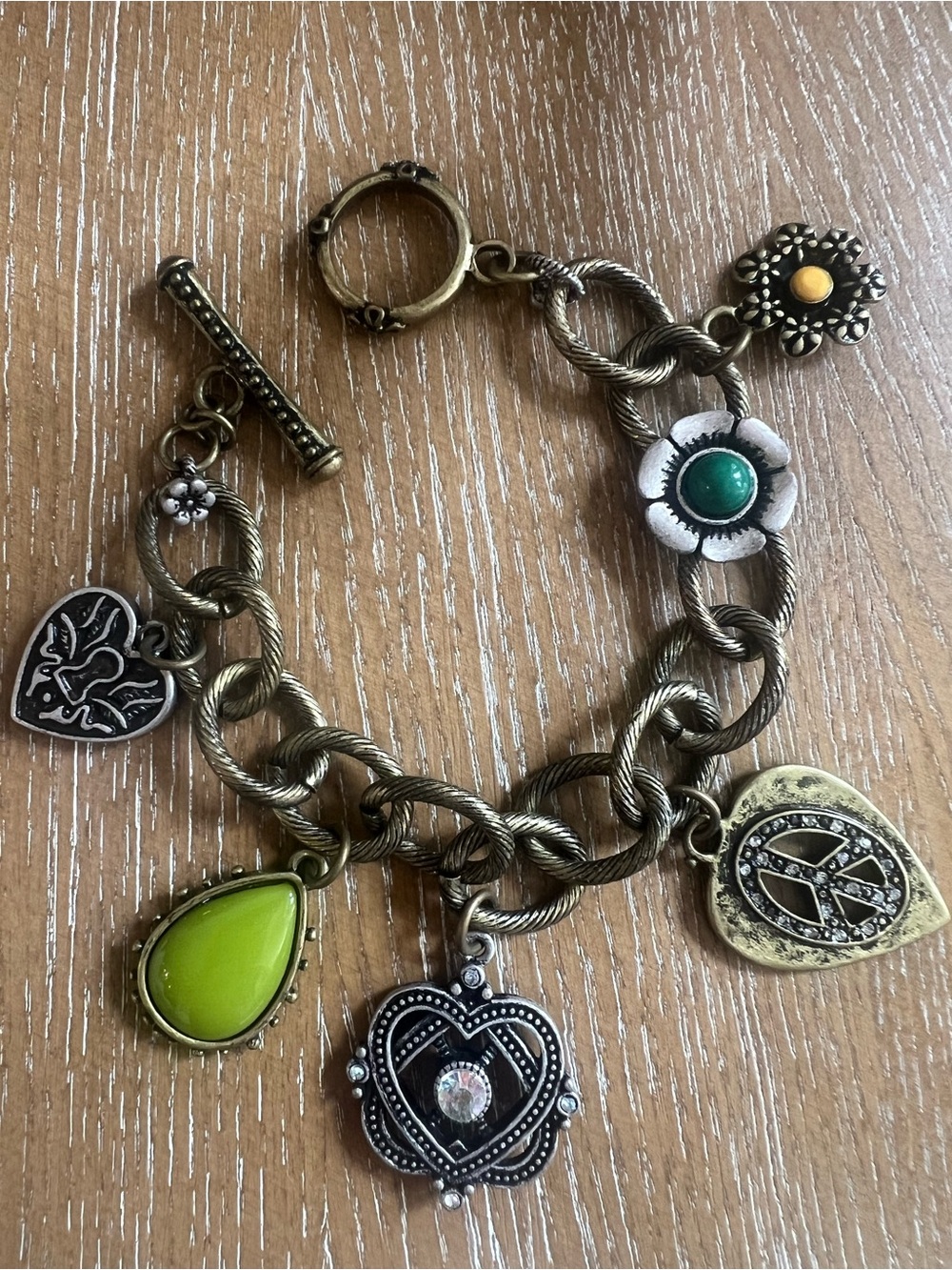 Lucky Brand Antique Gold-tone Charm Bracelet with Green and Turquoise Accents